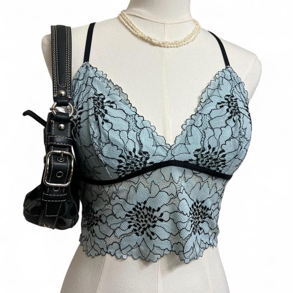 Aerie pastel blue gray black floral lace crop tank top bralette cottage boho